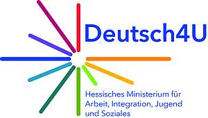 Bunte Linien in den Farben des Regenbogens stehen neben dem Schriftzug Deutsch4U Hessisches Ministerium für Arbeit, Integration, Jugend und Soziales